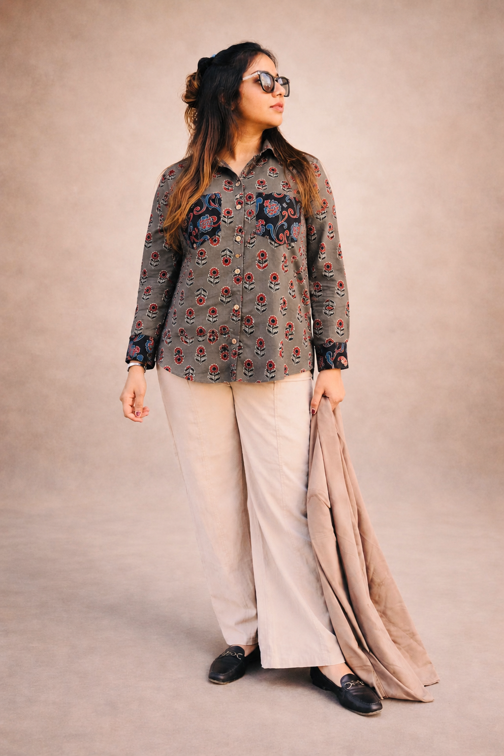 Smoky Grey Floral Printed Cotton Shirt for Women