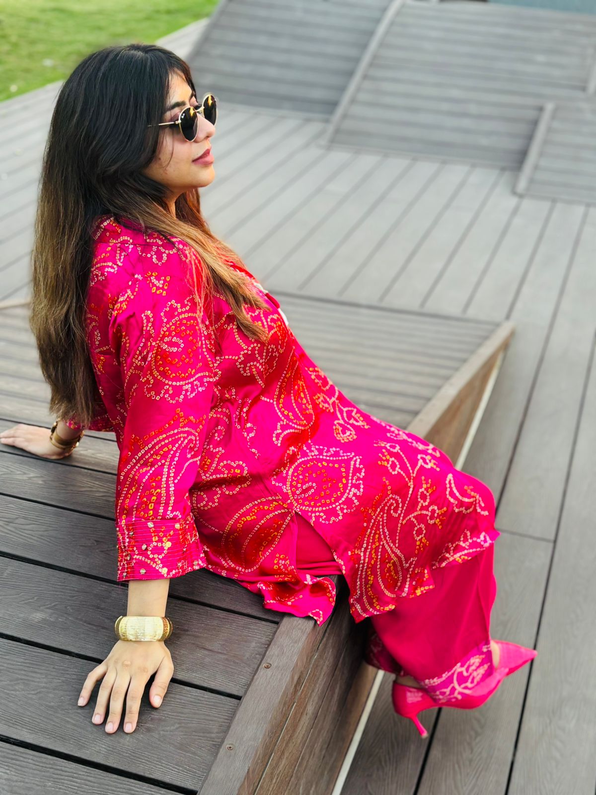 Rani Pink Bandhani Printed Farshi Co-Ord Set