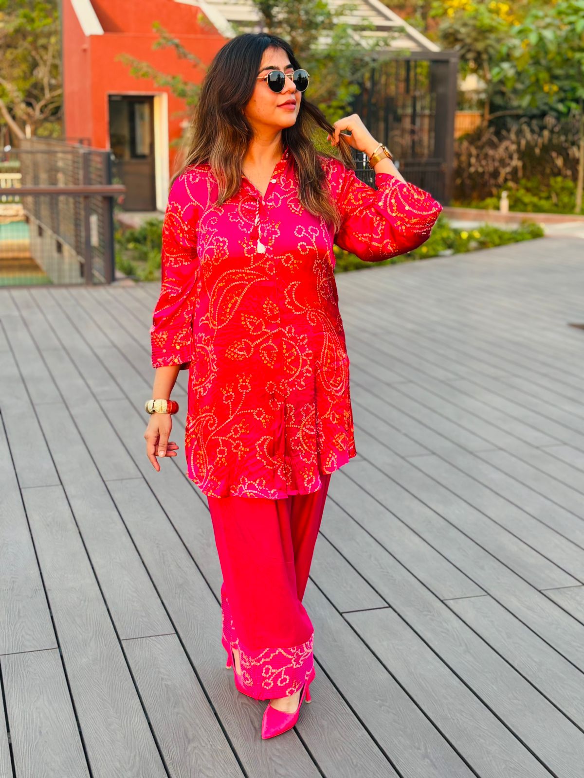 Rani Pink Bandhani Printed Farshi Co-Ord Set