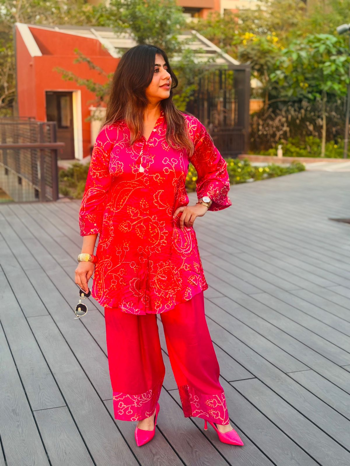 Rani Pink Bandhani Printed Farshi Co-Ord Set