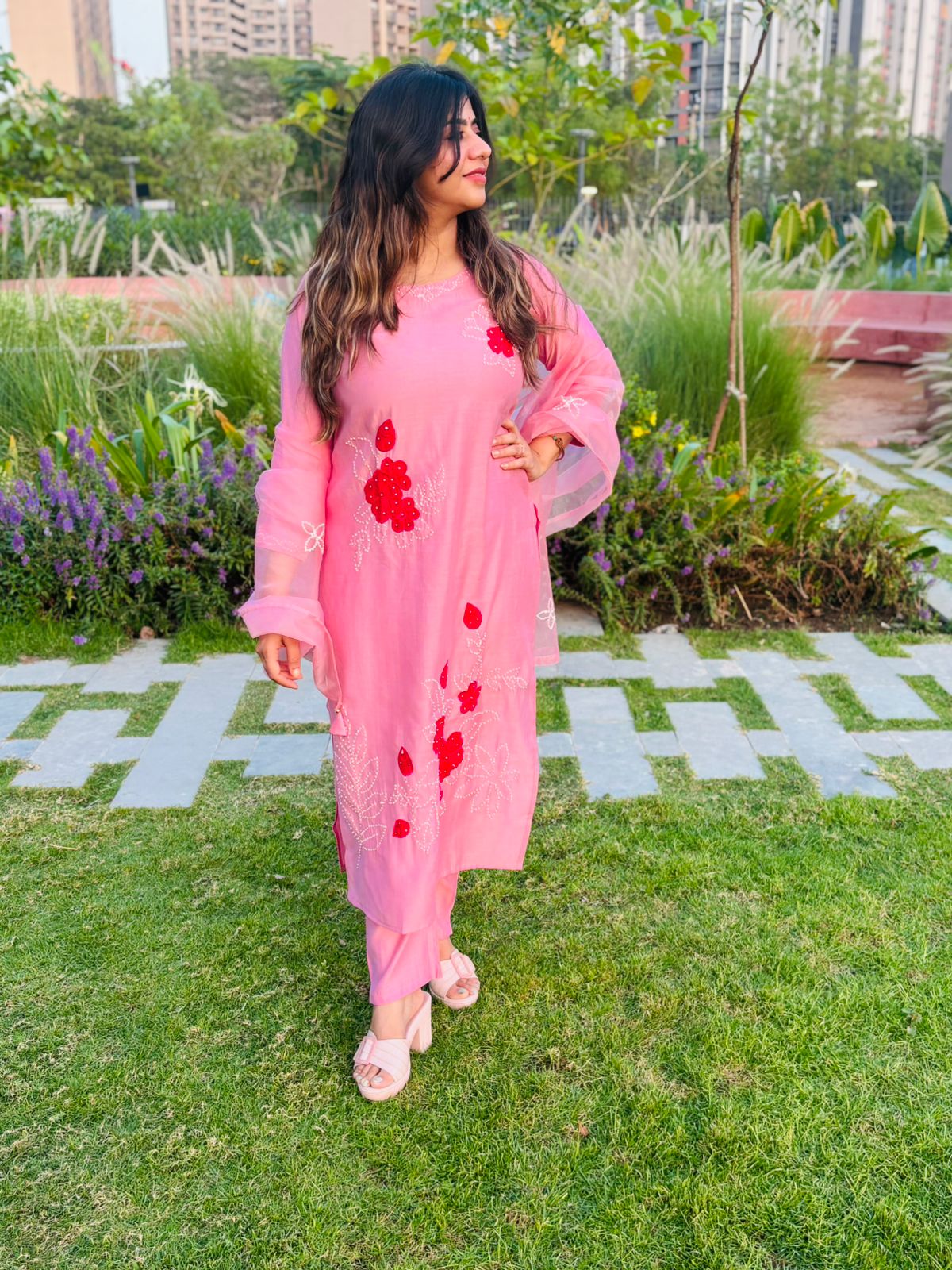 Graceful Barbie Pink Floral Embroidered Kurta Set