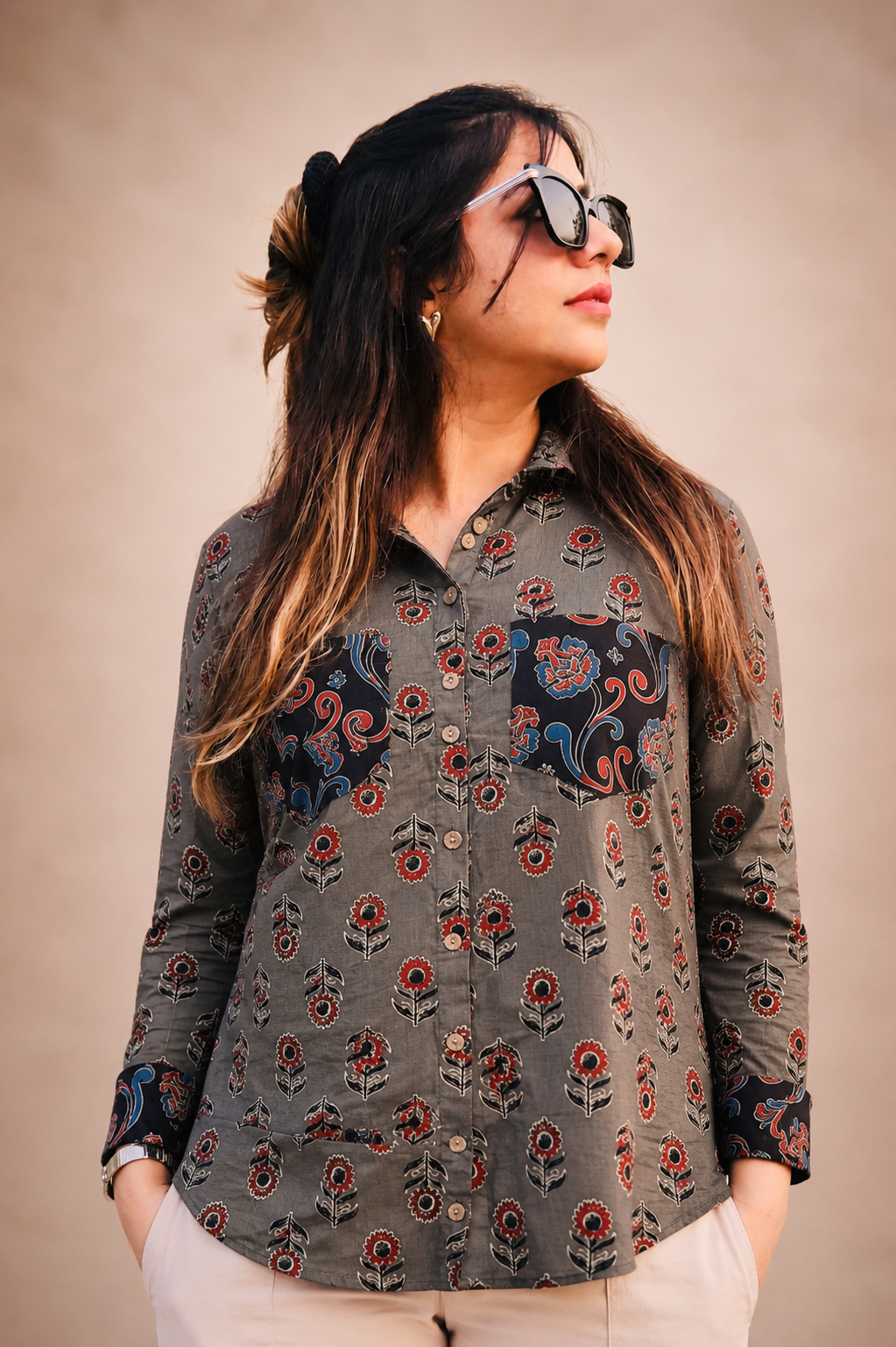 Smoky Grey Floral Printed Cotton Shirt for Women