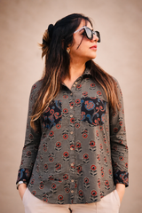 Smoky Grey Floral Printed Cotton Shirt for Women