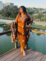 Elegant Coffee Brown Printed Kurta Set with Dupatta