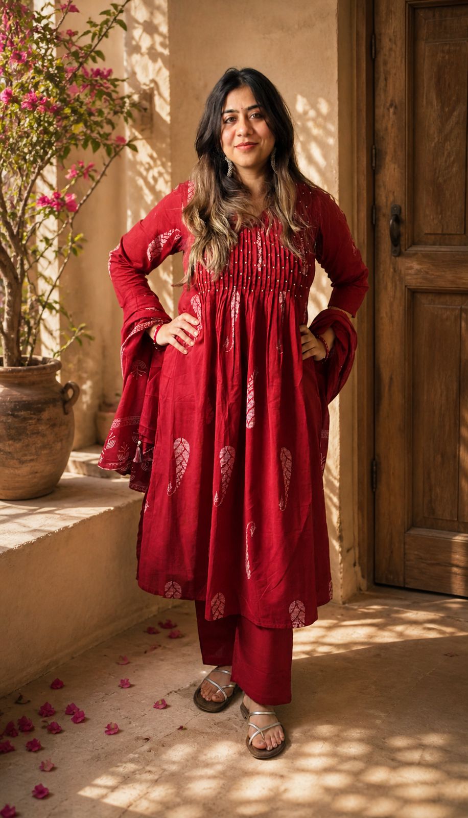 Crimson Grace Handblock Kurta Set with Dupatta