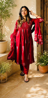 Crimson Grace Handblock Kurta Set with Dupatta