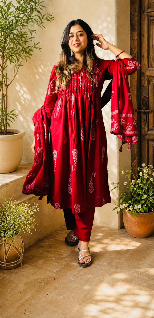 Crimson Grace Handblock Kurta Set with Dupatta