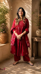 Crimson Grace Handblock Kurta Set with Dupatta