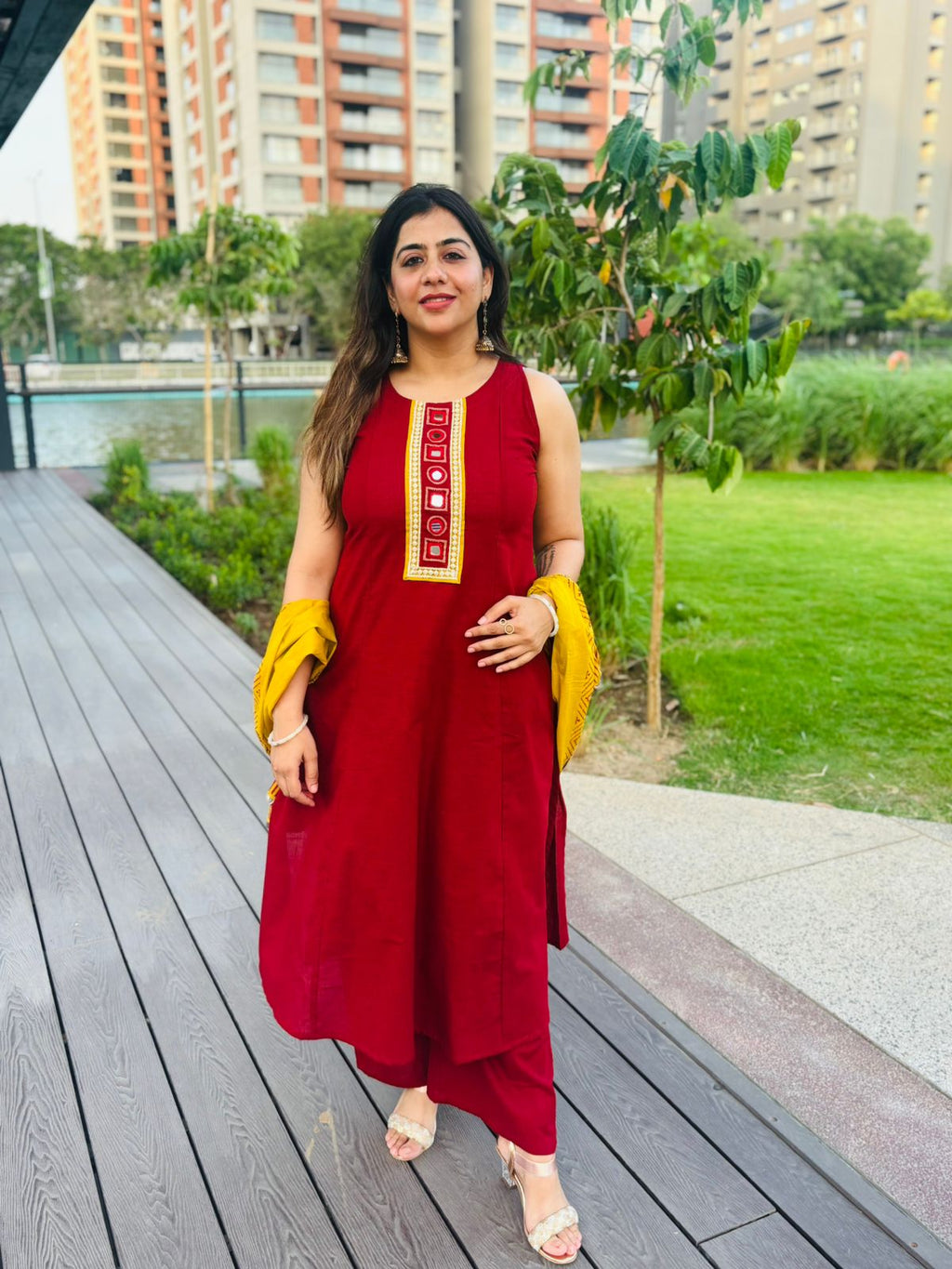 Elegant Maroon A-Line Kurta Set with Embroidered Neckline & Mustard Dupatta