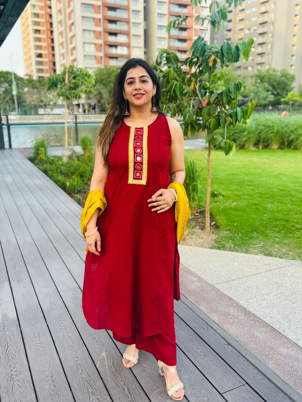 Elegant Maroon A-Line Kurta Set with Embroidered Neckline & Mustard Dupatta