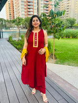 Elegant Maroon A-Line Kurta Set with Embroidered Neckline & Mustard Dupatta
