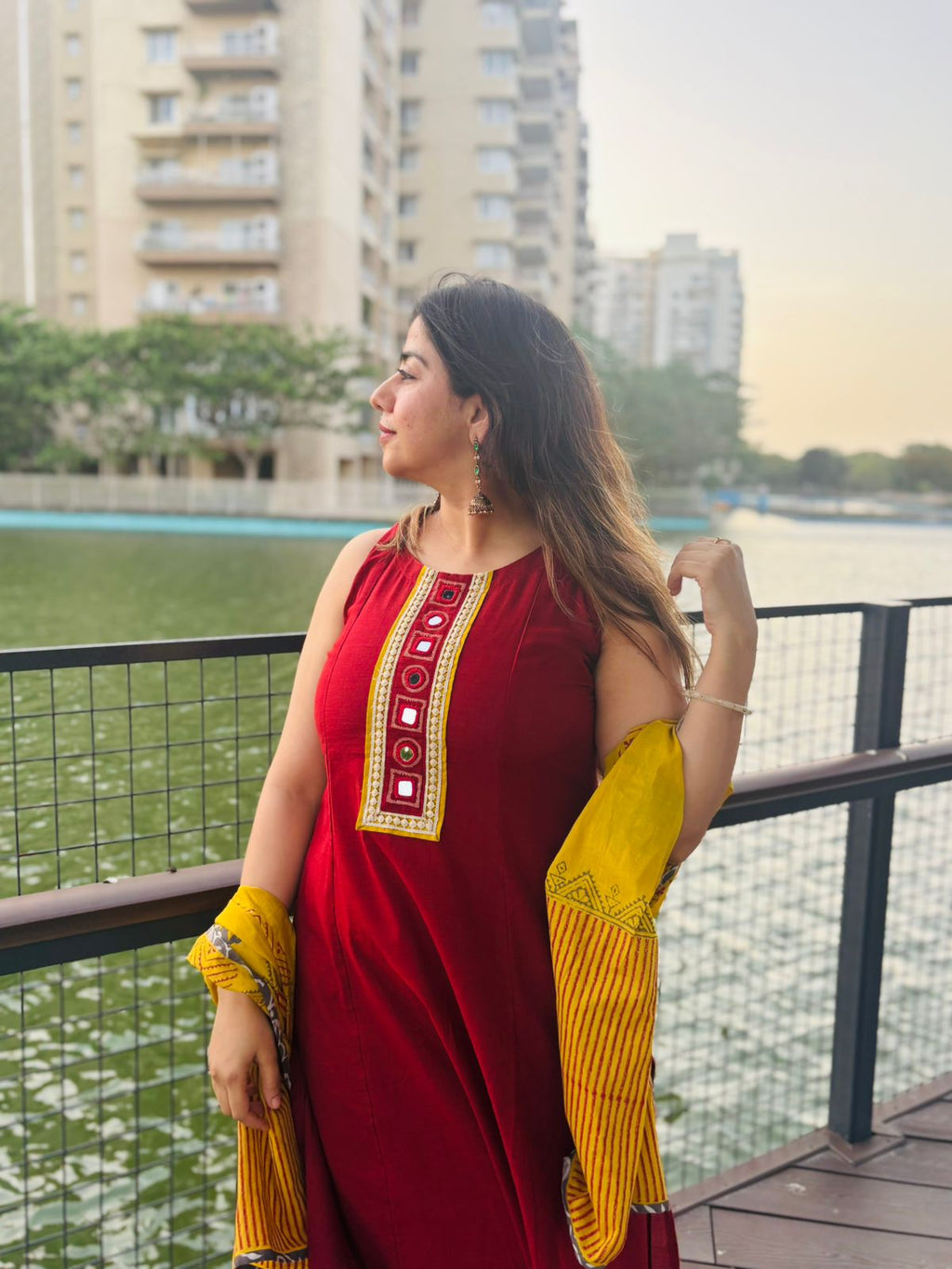 Elegant Maroon A-Line Kurta Set with Embroidered Neckline & Mustard Dupatta