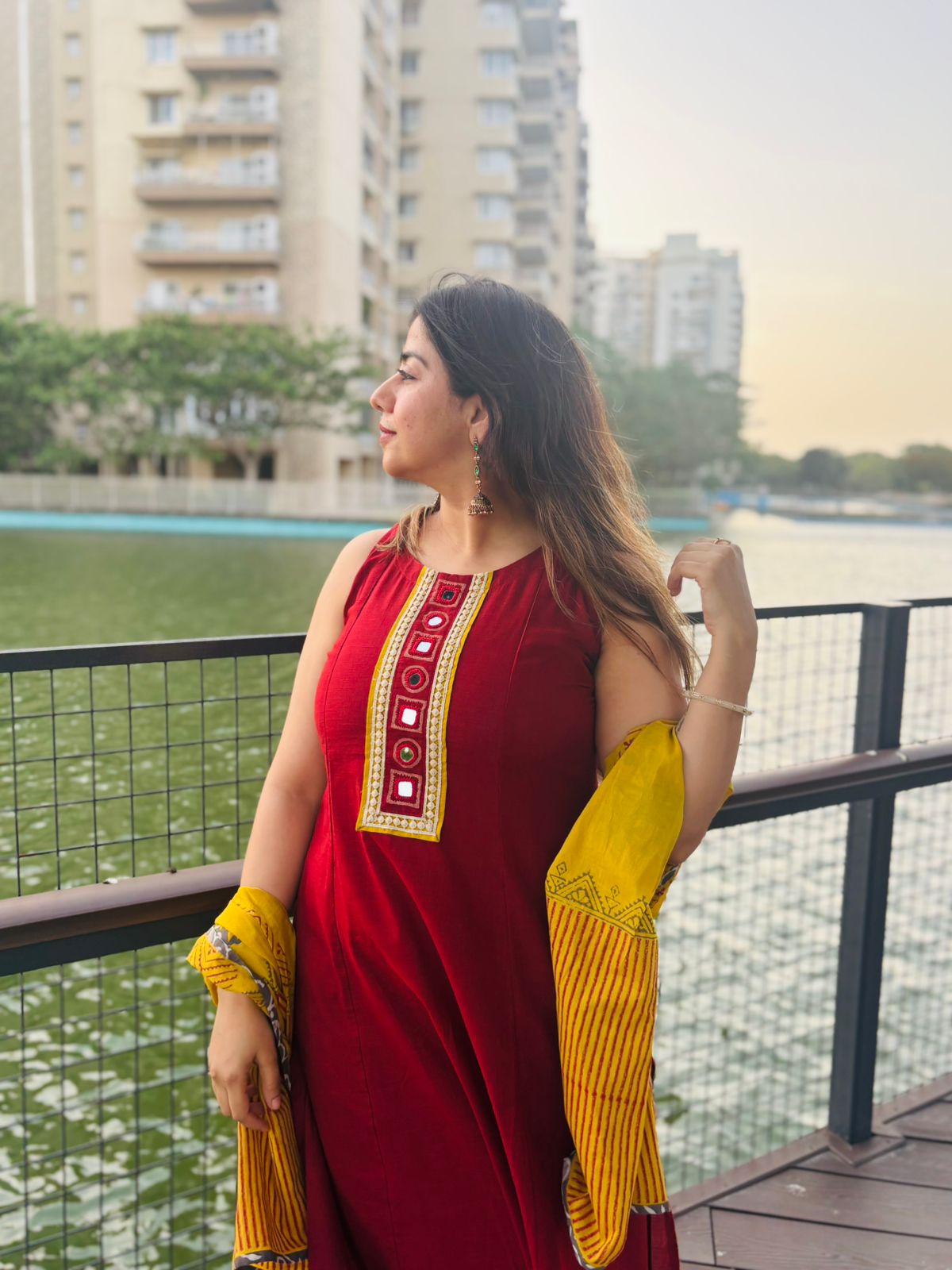 Elegant Maroon A-Line Kurta Set with Embroidered Neckline & Mustard Dupatta