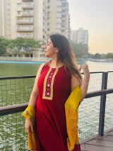 Elegant Maroon A-Line Kurta Set with Embroidered Neckline & Mustard Dupatta