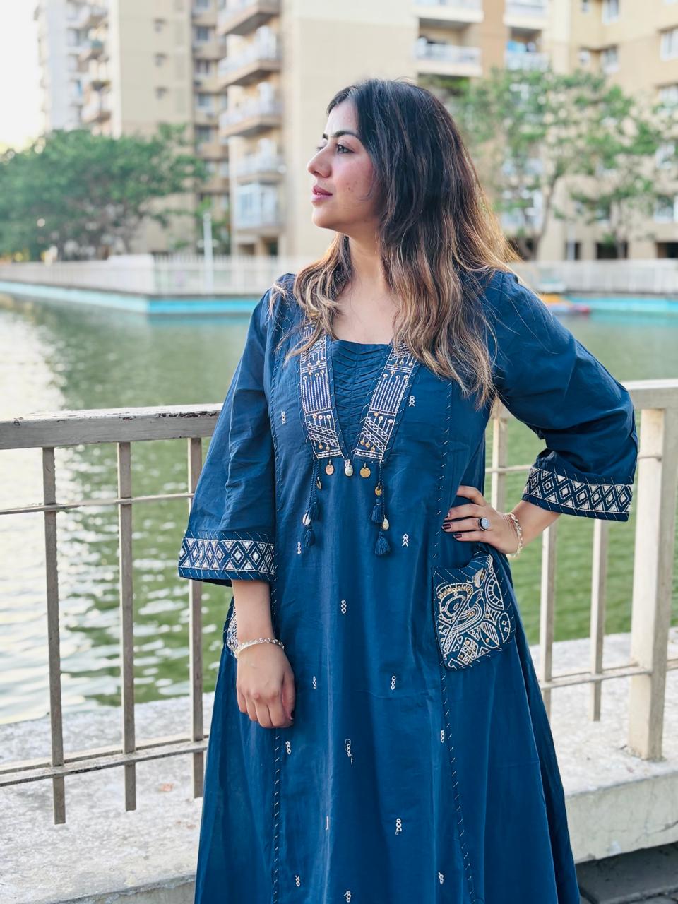 Midnight Blue Embroidered Kurta Set for Women
