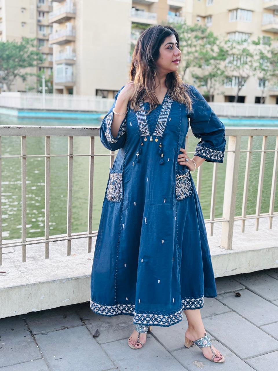 Midnight Blue Embroidered Kurta Set for Women