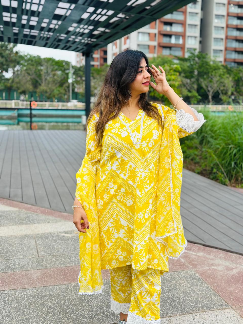 Sunshine Yellow Floral Printed Kurta Set for Women