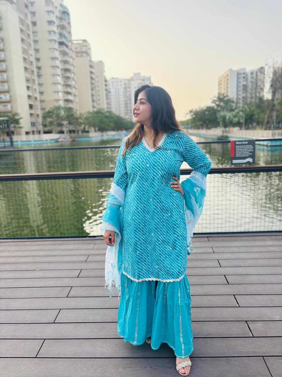 Sky Blue Leheriya Kurta Sharara Set with Dupatta  Description
