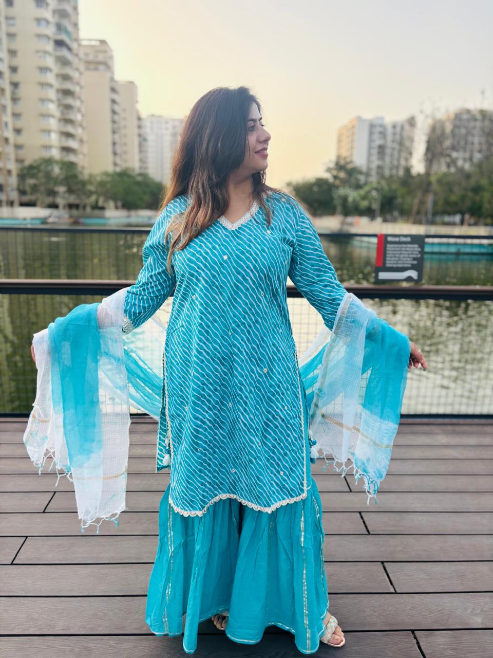 Sky Blue Leheriya Kurta Sharara Set with Dupatta  Description