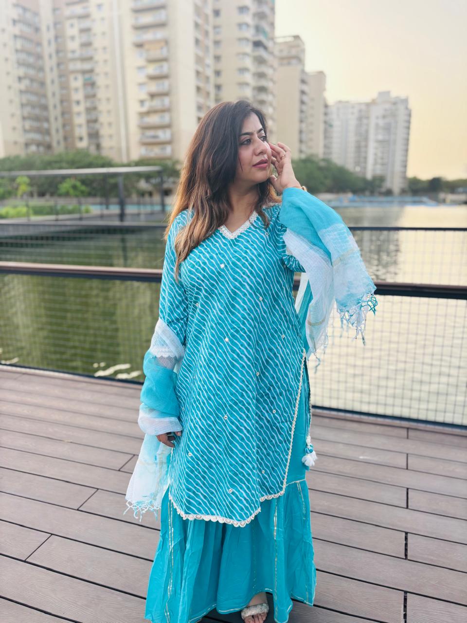 Sky Blue Leheriya Kurta Sharara Set with Dupatta  Description