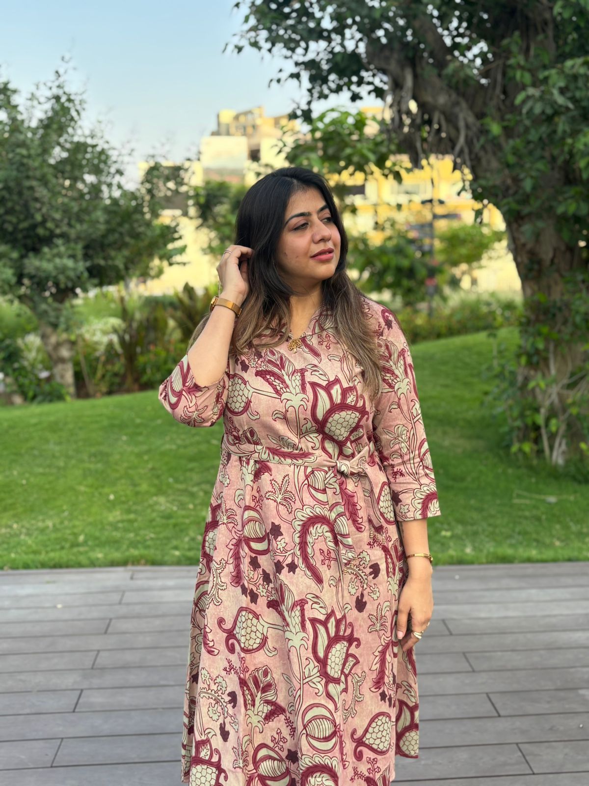 Blush Pink Floral Printed Cotton Midi Dress