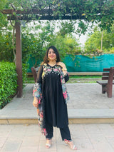 Midnight Bloom Embroidered Kurta Set with Floral Organza Dupatta