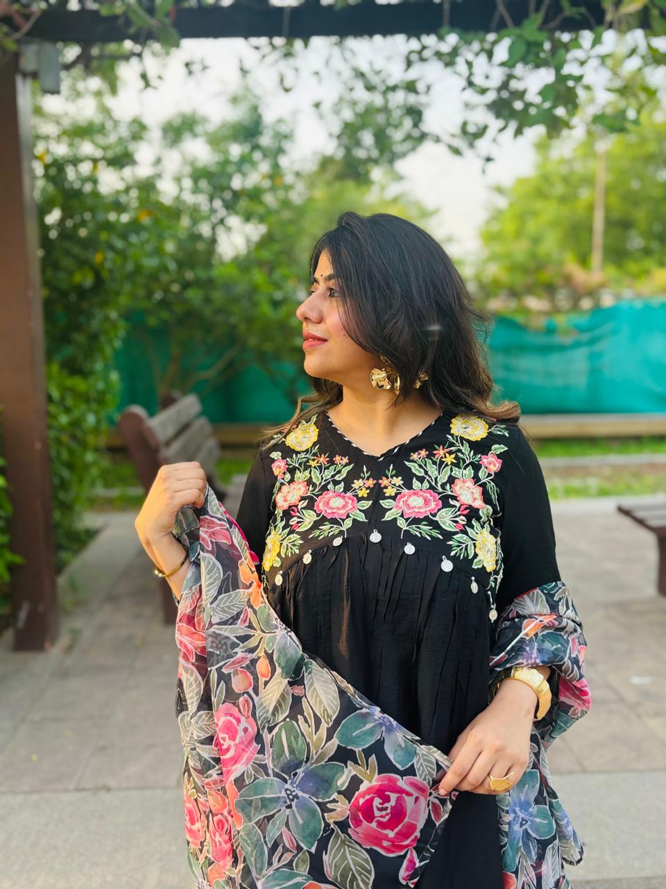 Midnight Bloom Embroidered Kurta Set with Floral Organza Dupatta