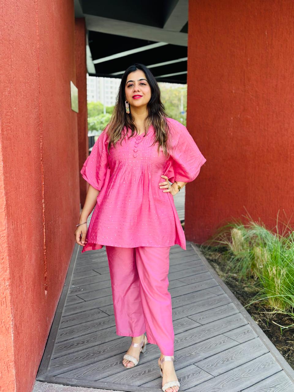 Candy Pink Embellished Kaftan Co-Ord Set for Women