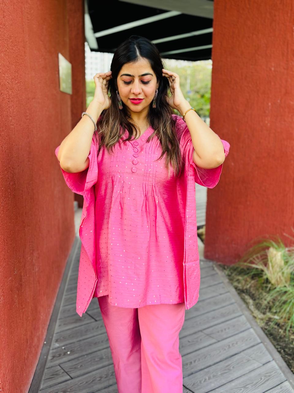 Candy Pink Embellished Kaftan Co-Ord Set for Women