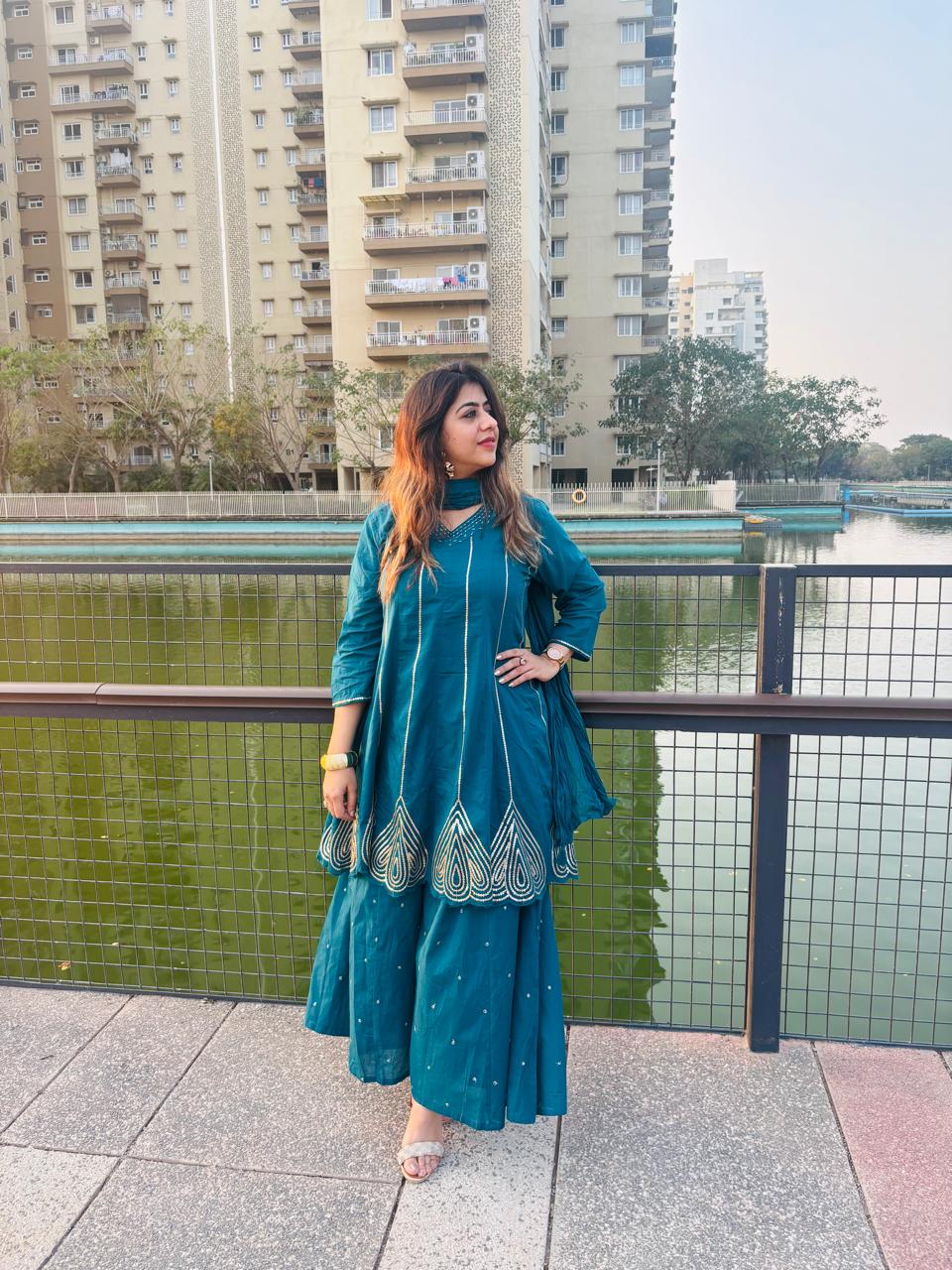 Emerald Grace Embroidered Kurta Sharara Set with Dupatta