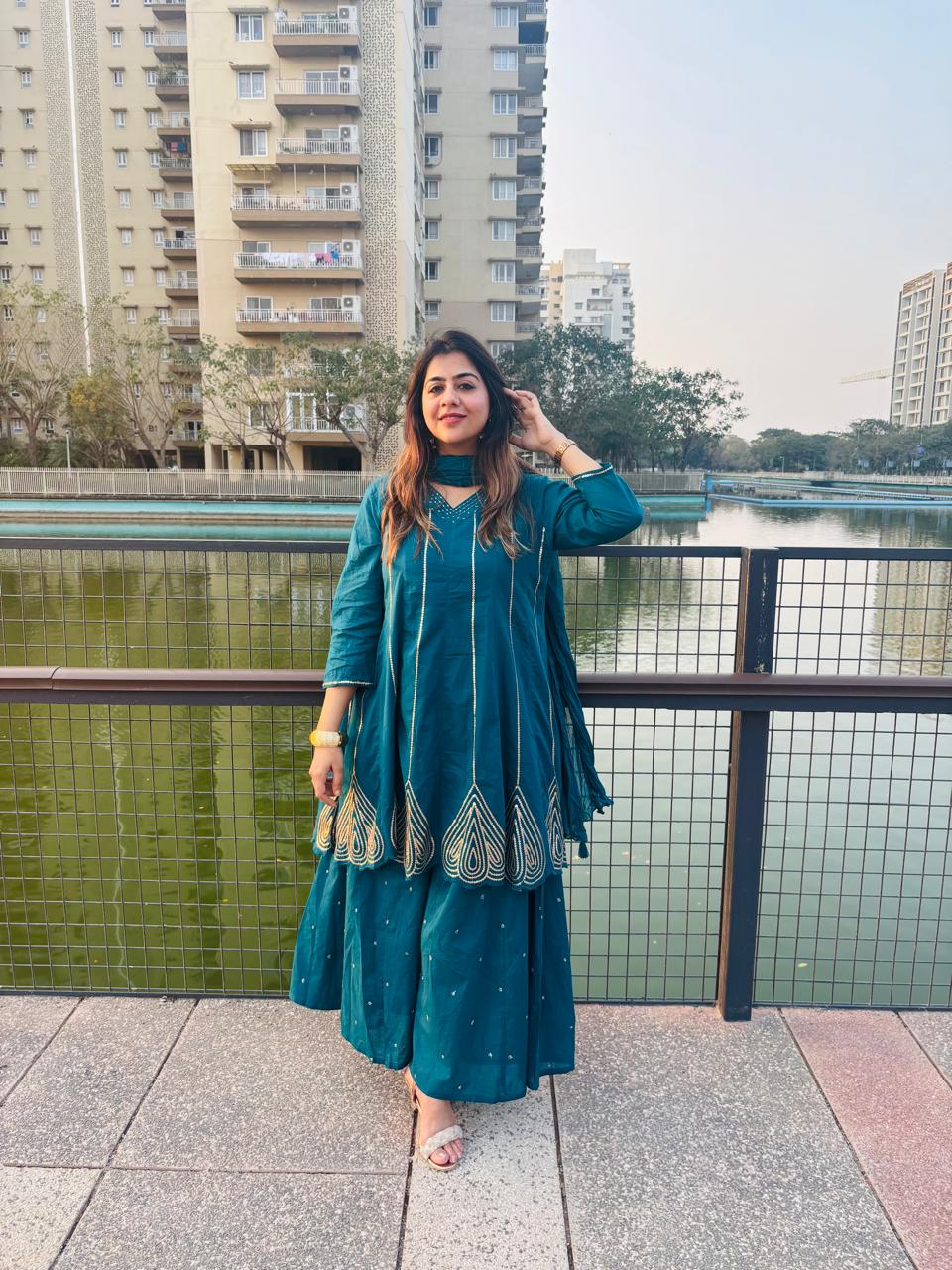 Emerald Grace Embroidered Kurta Sharara Set with Dupatta