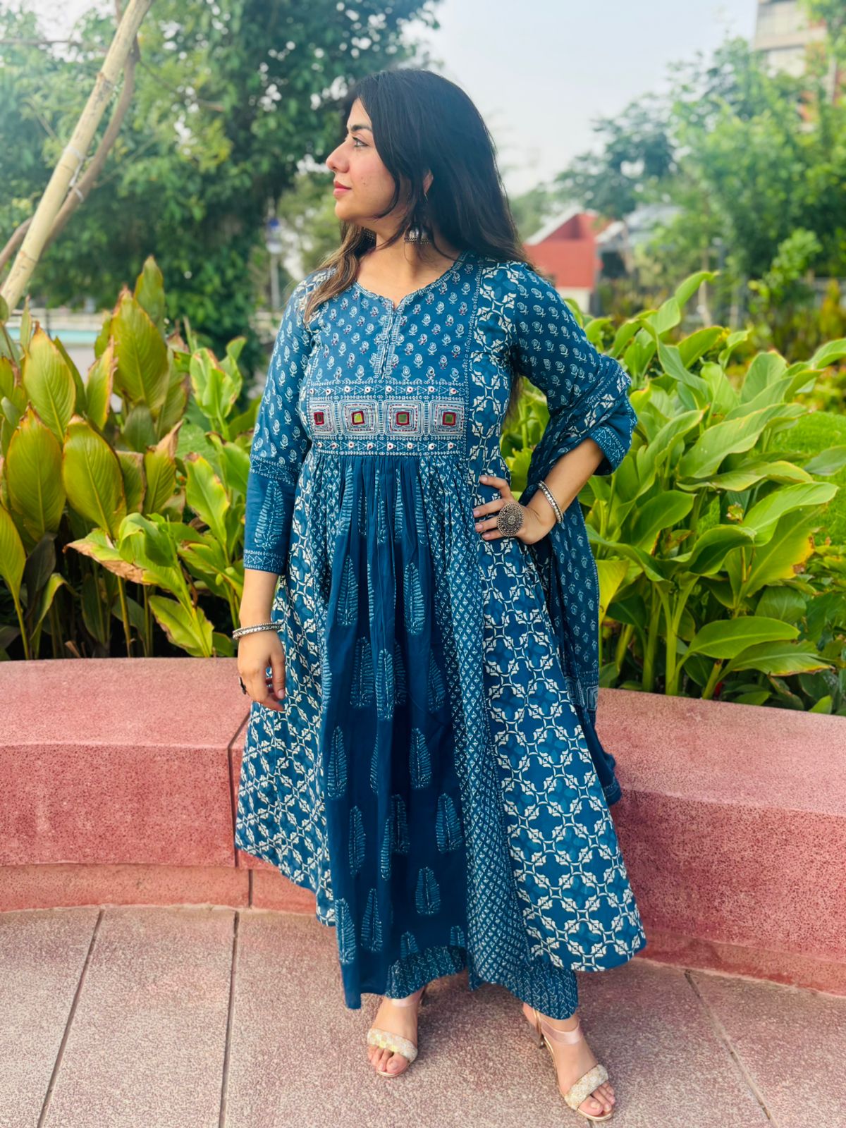 Indigo Block Print Anarkali Suit Set with Dupatta