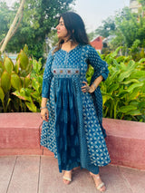 Indigo Block Print Anarkali Suit Set with Dupatta