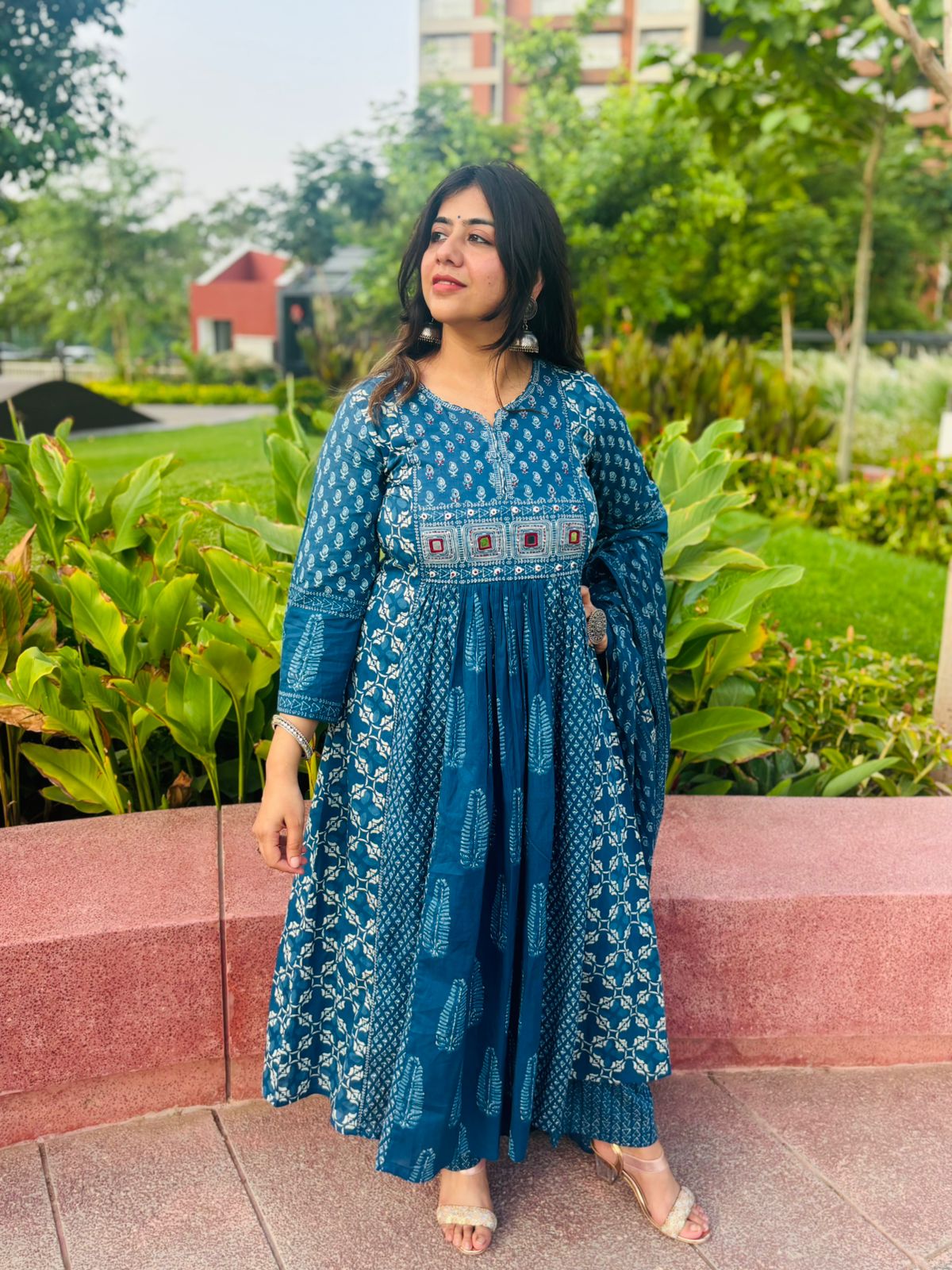 Indigo Block Print Anarkali Suit Set with Dupatta