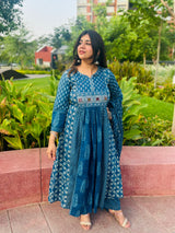 Indigo Block Print Anarkali Suit Set with Dupatta