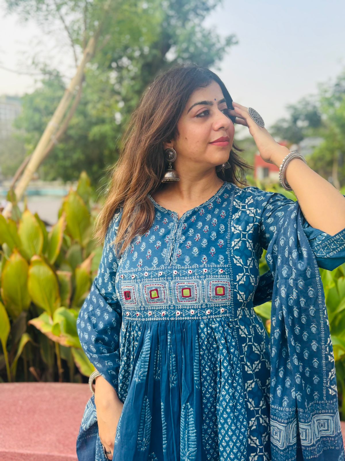 Indigo Block Print Anarkali Suit Set with Dupatta