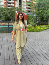 Olive Embroidered Boxy Fit Co-ord Set with Pants