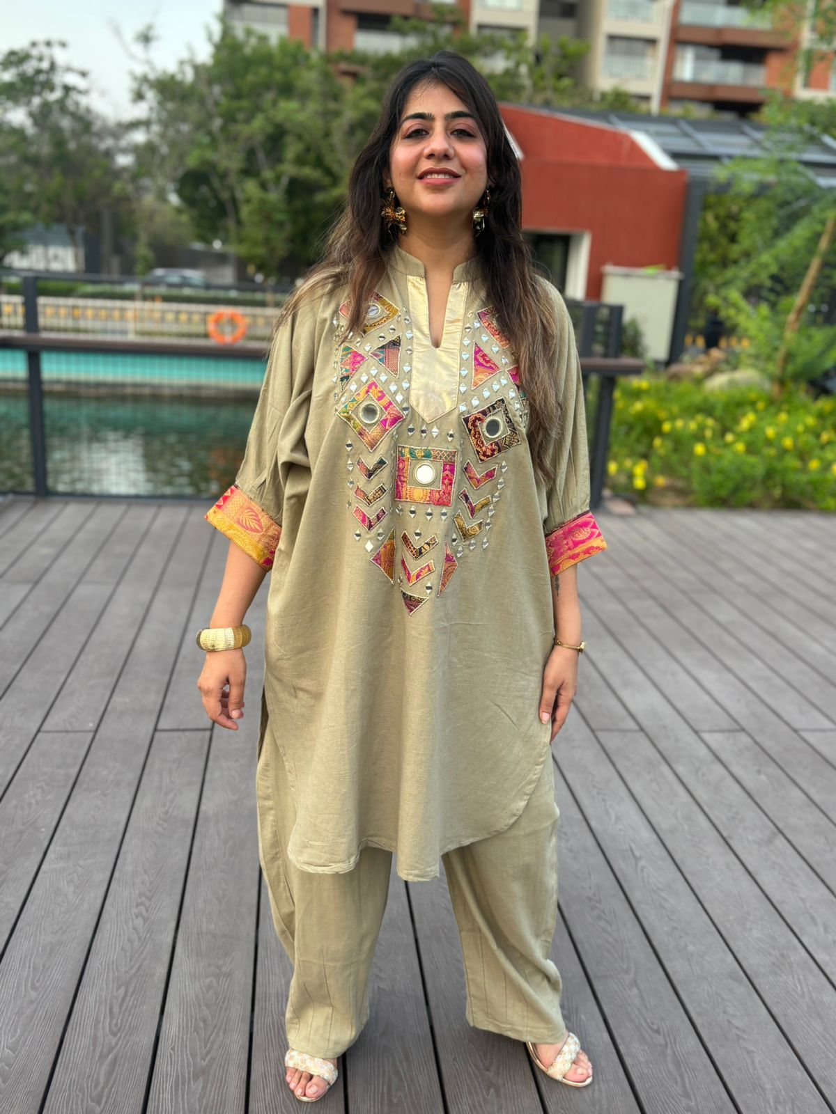 Olive Embroidered Boxy Fit Co-ord Set with Pants