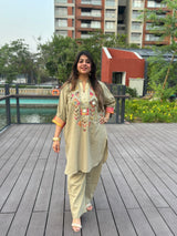 Olive Embroidered Boxy Fit Co-ord Set with Pants
