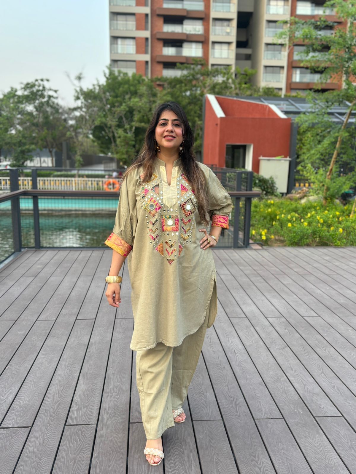 Olive Embroidered Boxy Fit Co-ord Set with Pants