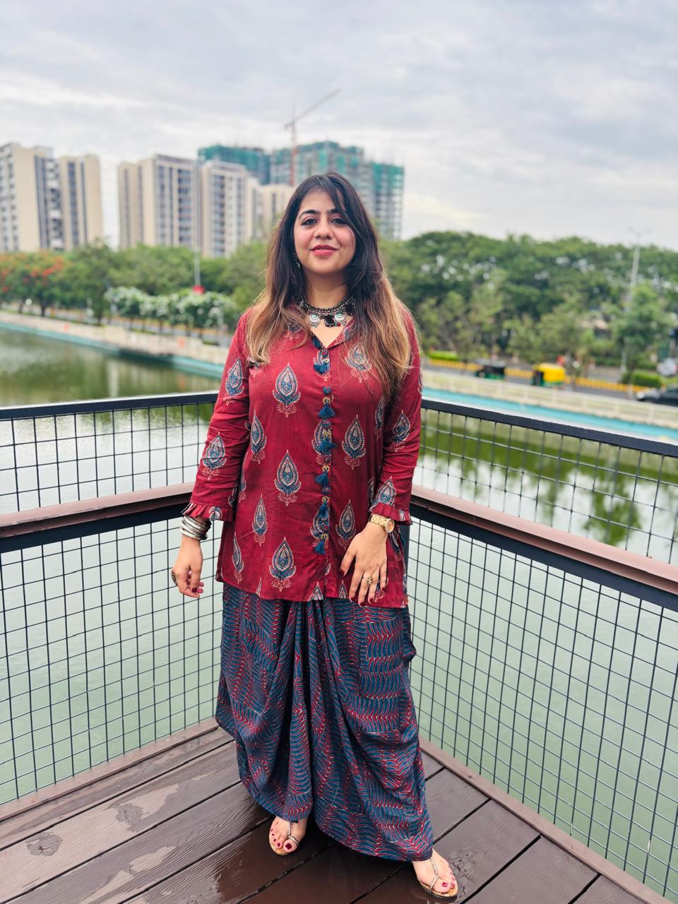 Boho Printed Shirt & Skirt Co-Ord Set for Women Muslin Co-Ord Set –Rust & Blue
