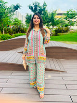 Women's Floral Printed Crepe Co-Ord Set | Premium Kurta & Palazzo Set | Mint Green