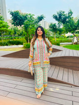 Women's Floral Printed Crepe Co-Ord Set | Premium Kurta & Palazzo Set | Mint Green