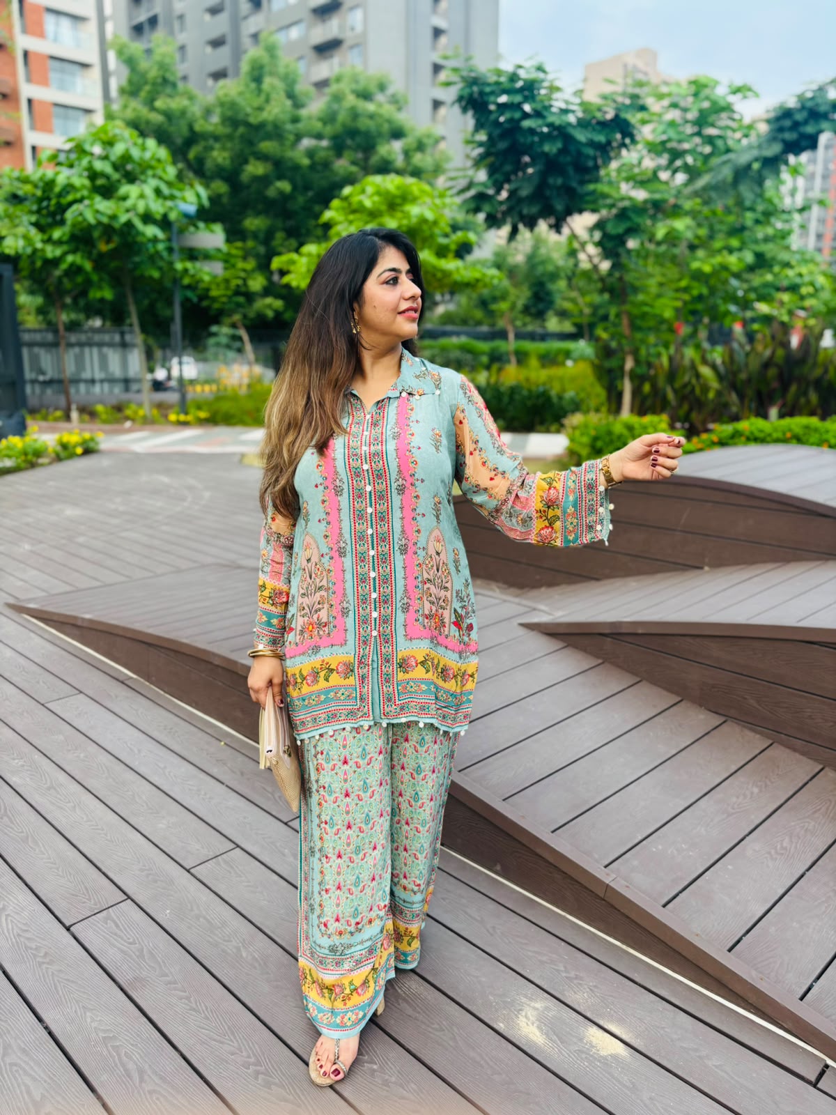 Women's Floral Printed Crepe Co-Ord Set | Premium Kurta & Palazzo Set | Mint Green