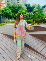 Women's Floral Printed Crepe Co-Ord Set | Premium Kurta & Palazzo Set | Mint Green