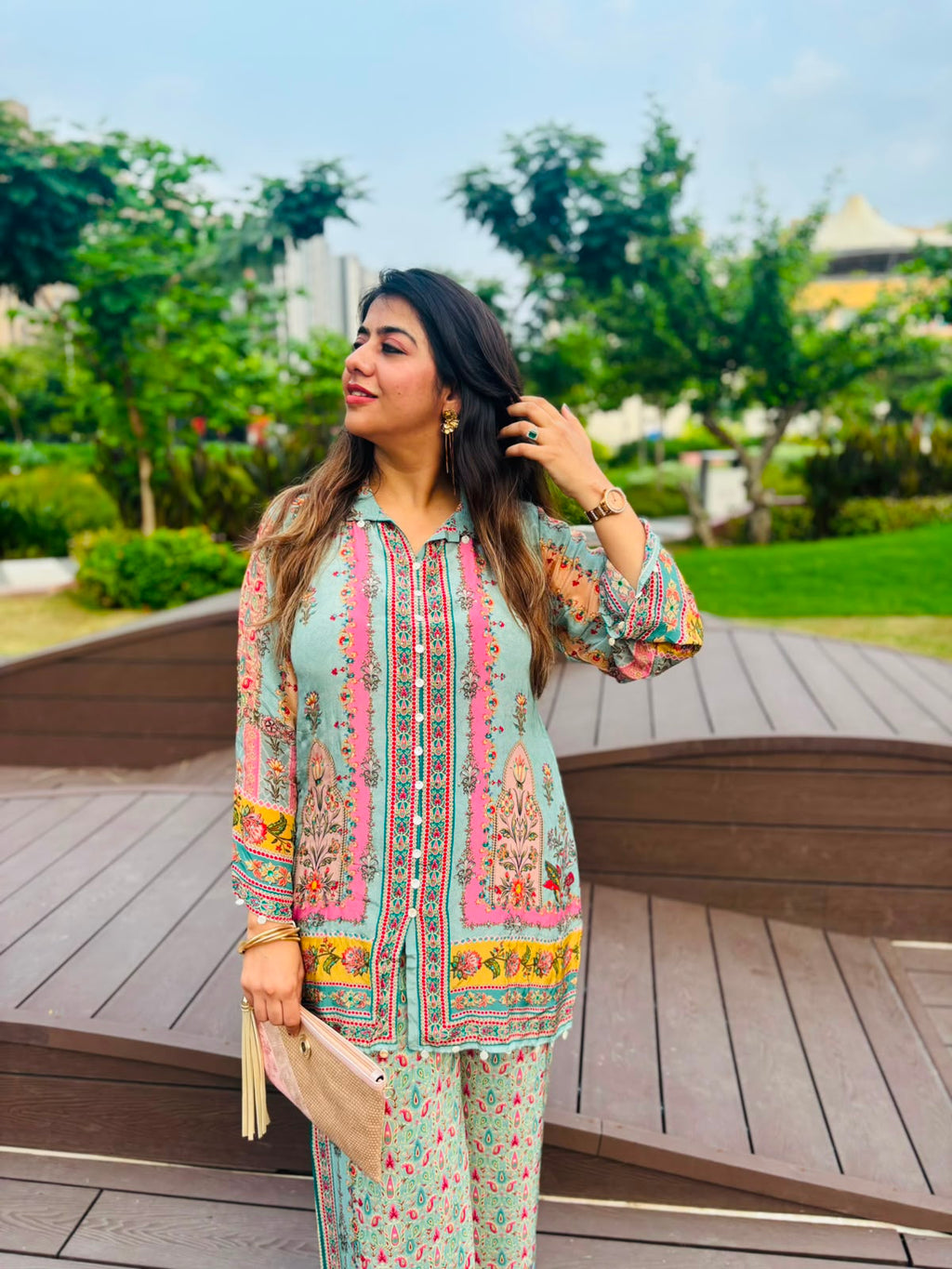 Women's Floral Printed Crepe Co-Ord Set | Premium Kurta & Palazzo Set | Mint Green