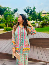 Women's Floral Printed Crepe Co-Ord Set | Premium Kurta & Palazzo Set | Mint Green