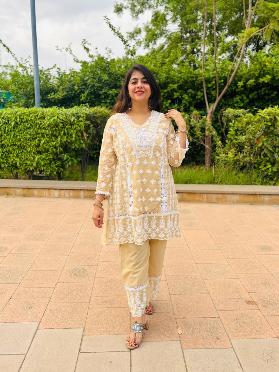 Women's Beige Chikankari Embroidered Kurta Set with Straight Pants
