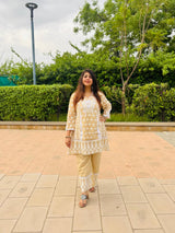 Women's Beige Chikankari Embroidered Kurta Set with Straight Pants
