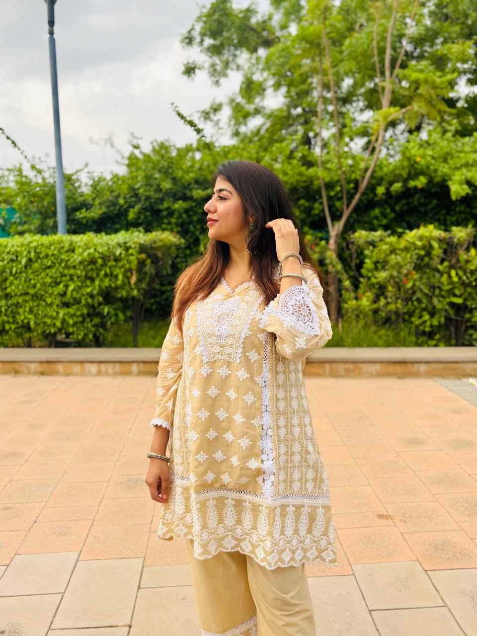 Women's Beige Chikankari Embroidered Kurta Set with Straight Pants